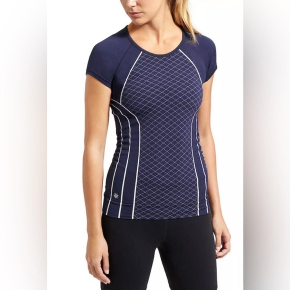 ATHLETA PORTUGAL🇵🇹MADE Finish Fast Line Tee Navy/White Active Pop MEDIUM‎